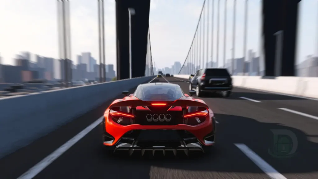 Apex Racing APK'da büyük bir köprüde yüksek hızda yarışan kırmızı spor araba