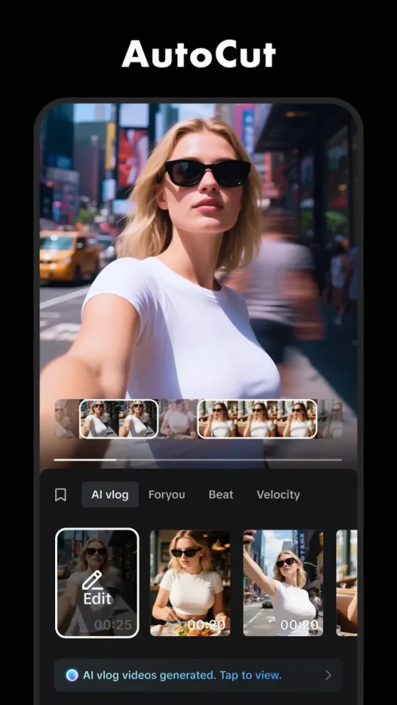 CapCut Pro APK, yapay zeka teknolojisini kullanarak video klipleri otomatik olarak düzenleyen otomatik kesme aracıdır.
