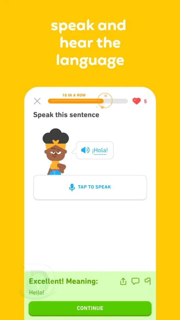 Duolingo APK konuşma dersi ekranı ve sesli telaffuz alıştırması