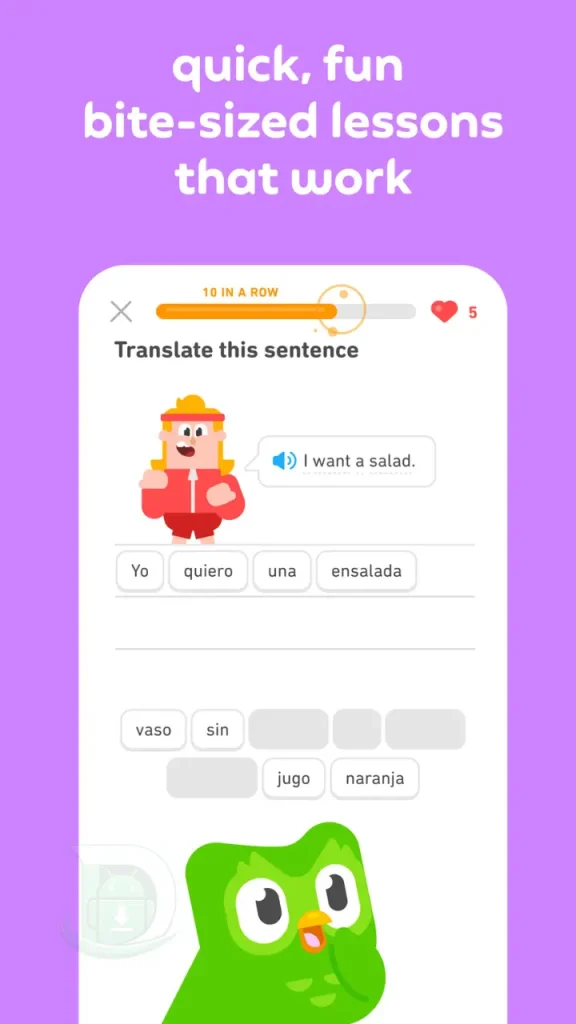 Duolingo APK, mini oyun alıştırmaları içeren etkileşimli çeviri dersi.