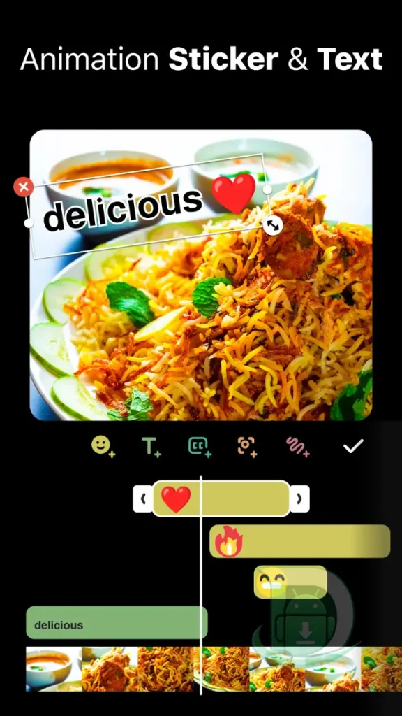 InShot Pro MOD APK İndir; yemek videosu düzenleme ve animasyonlu emoji çıkartmaları içeren animasyonlu çıkartma ve metin düzenleyici.