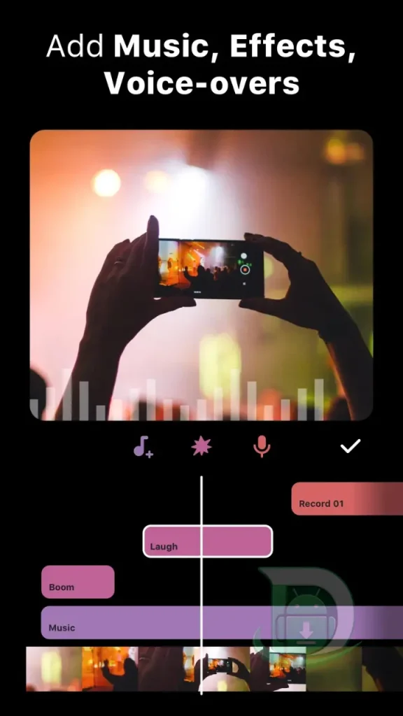 InShot Pro MOD APK İndir, müzik parçalarını, ses efektlerini ve seslendirme kayıt araçlarını gösteren ses düzenleme arayüzü.