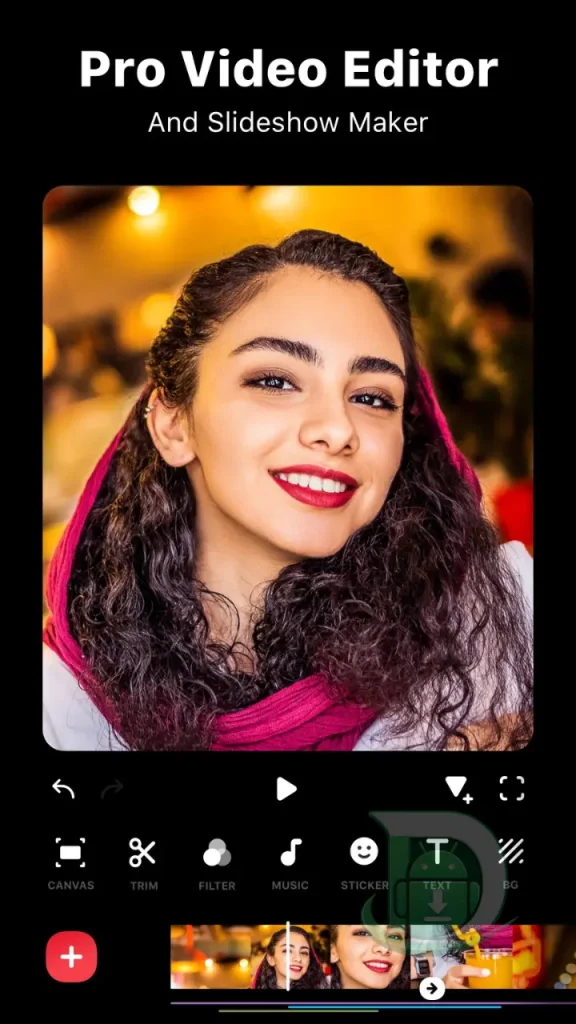 InShot APK video düzenleme arayüzü, slayt gösterisi oluşturucu, kırpma araçları, filtreler, müzik seçenekleri, çıkartmalar ve metin düzenleme özelliklerini göstermektedir.
