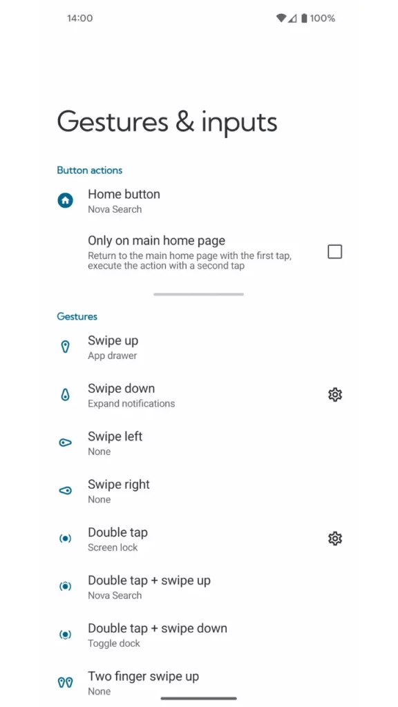 Nova Launcher Prime APK hareket kontrolleri ve giriş ayarları ekranı