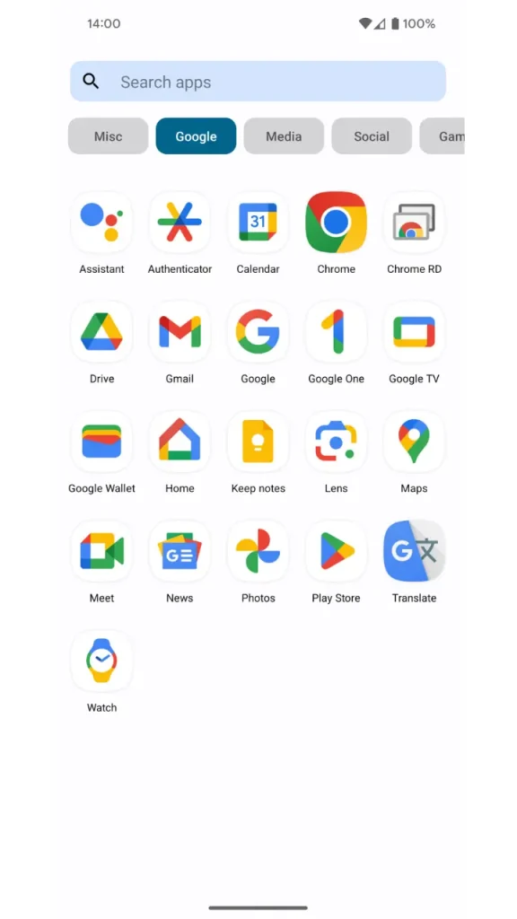 Nova Launcher Prime APK, kategorilere ayrılmış uygulamalar içeren uygulama çekmecesi.