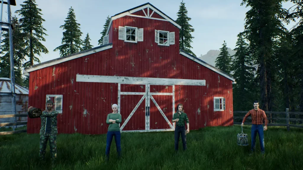 Ranch Simulator'da büyük kırmızı bir ahırın önünde duran oyuncular