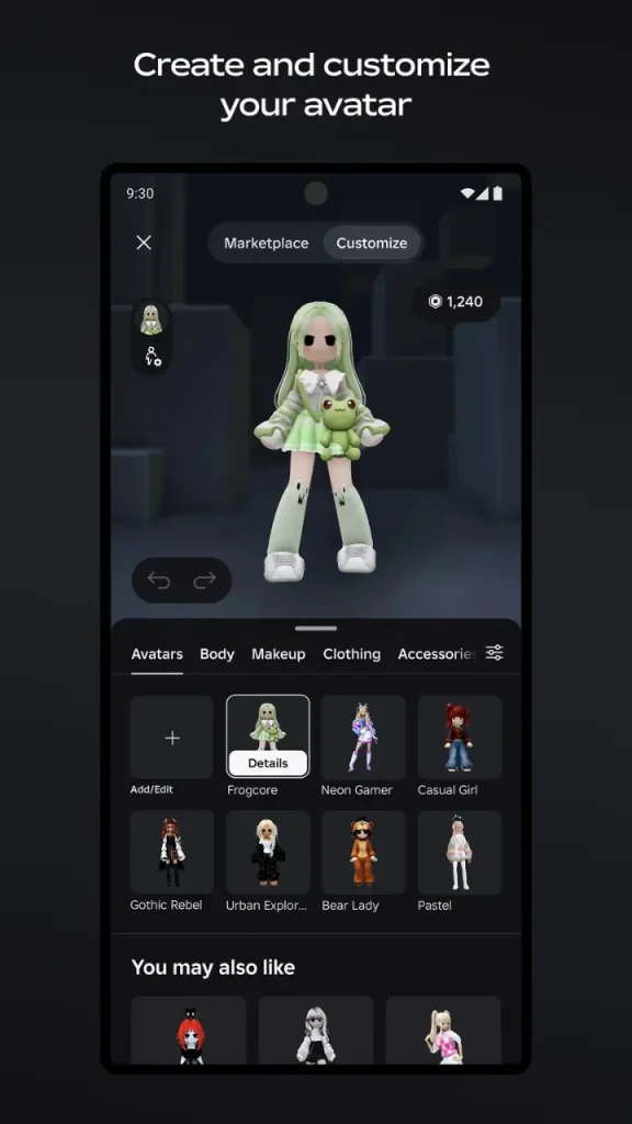 Roblox APK avatar oluşturma ve karakter özelleştirme ekranı