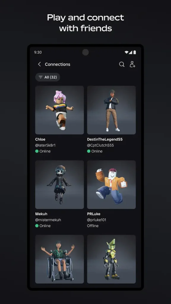 Roblox APK İndir arkadaş listesi ve sohbet özellikleri ekranı