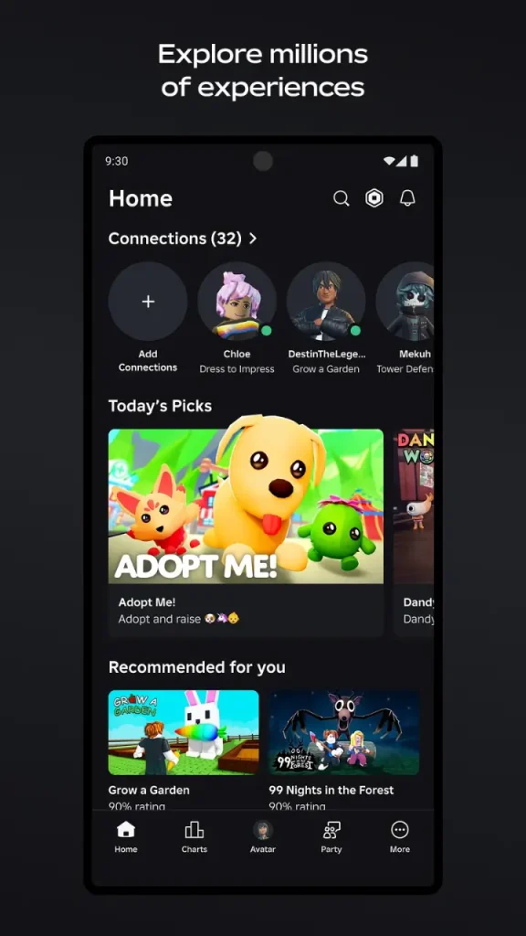 Roblox APK ana ekranı ve milyonlarca oyun deneyimi