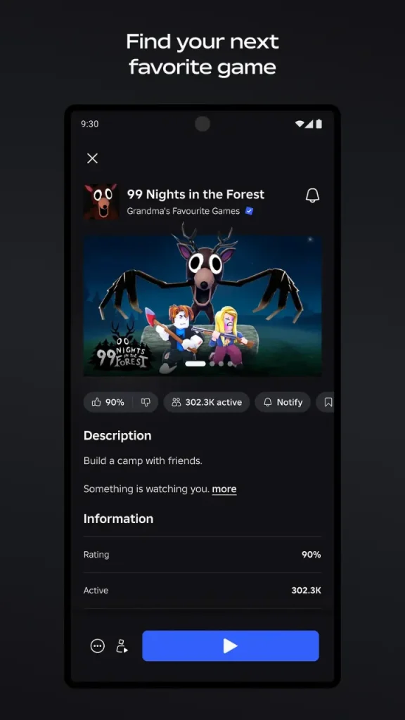 Roblox APK oyun detay ekranı ve çok oyunculu macera oyunu