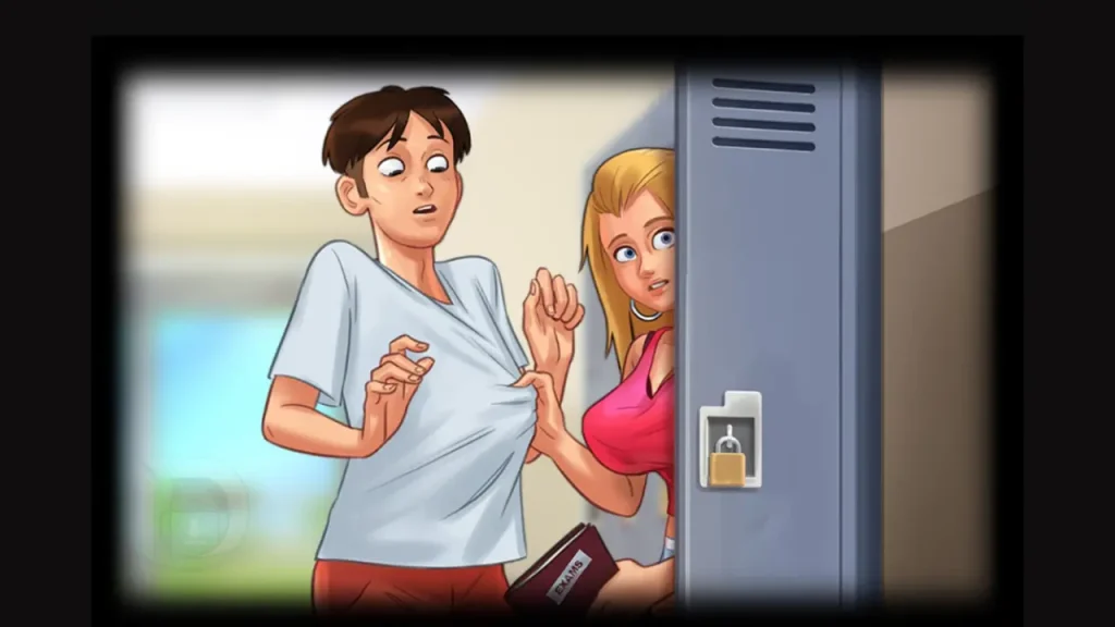 Summertime Saga APK oyununda okul dolaplarının yakınında karakter etkileşimini gösteren bir sahne.