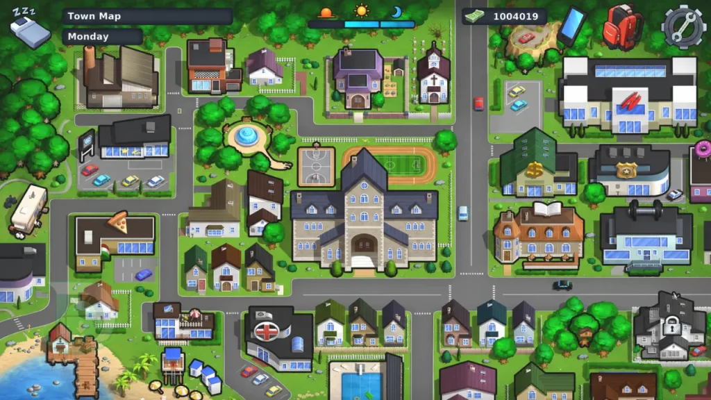 Summertime Saga APK oyununun, keşfedilebilir birden fazla konum ve binayı gösteren şehir haritası.