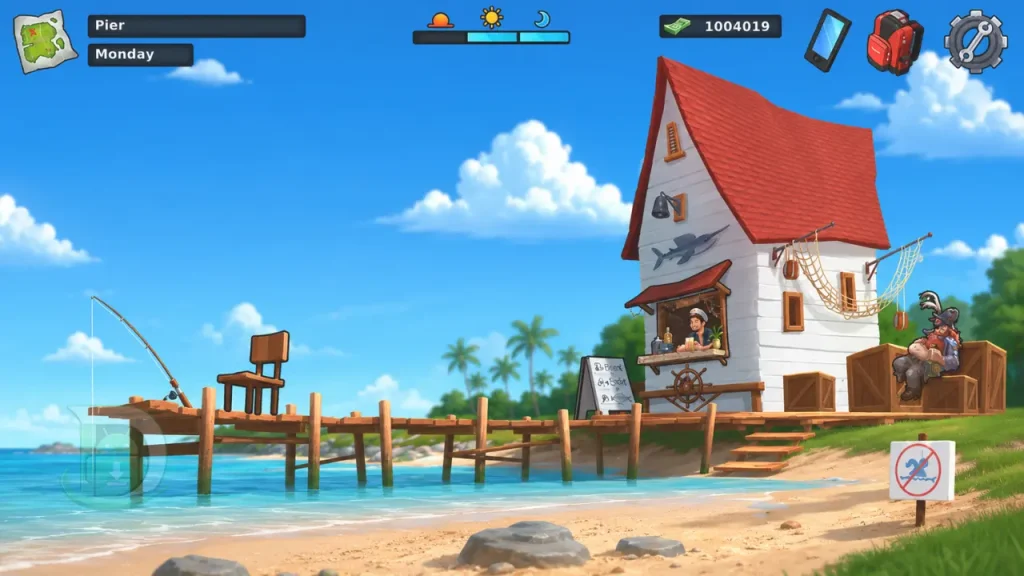 Summertime Saga APK'nın plaj ve balıkçı iskelesi ortamına sahip iskele konumu.