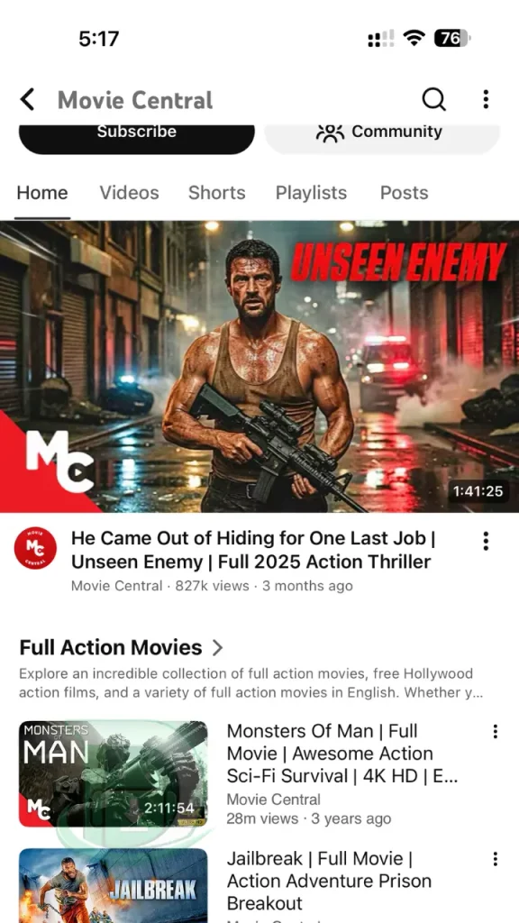 Aksiyon filmi önerileri ve film kanalı arayüzünü gösteren YouTube Pro APK