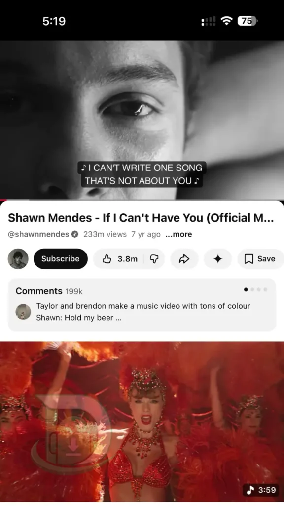 YouTube Pro APK'da yorumlar ve oynatma kontrolleri ile müzik videosu oynatılıyor