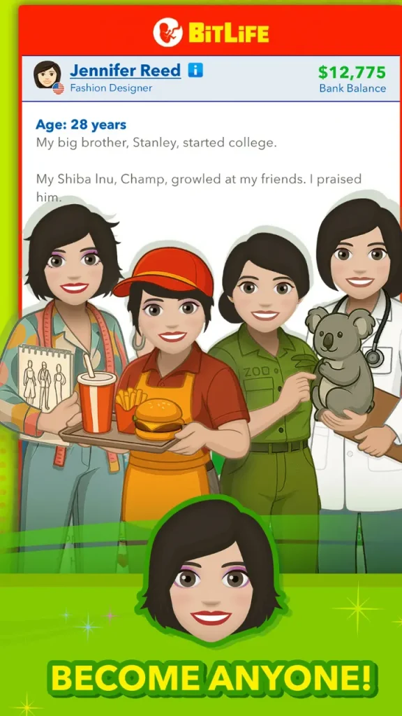 BitLife APK'da farklı meslek seçeneklerini gösteren karakterler ve kariyer ekranı.