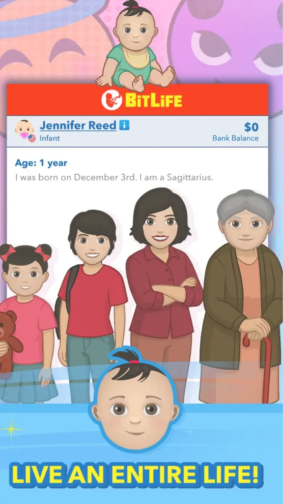 BitLife APK ekran görüntüsü karakterin bebeklikten başlayarak ailesiyle birlikte yaşam yolculuğunu gösteriyor.