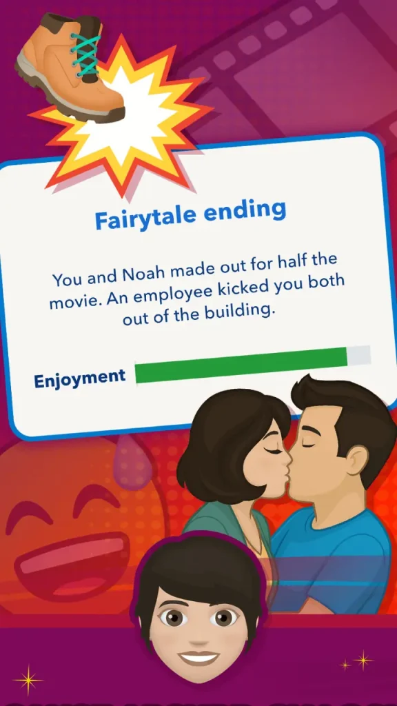 BitLife APK'da romantik bir etkinliğin sonucunu gösteren oyun ekranı.