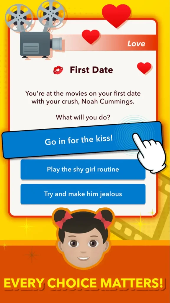 BitLife APK'da ilk buluşma etkinliği sırasında oyuncuya sunulan karar seçenekleri.