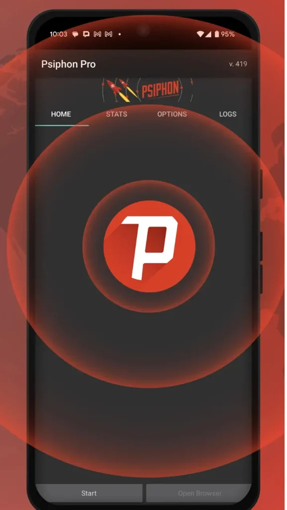 Psiphon Pro uygulamasının açık internet erişimi sağlayan ana ekranı