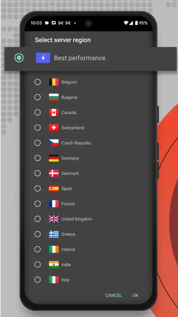 Psiphon Pro sunucu seçim ekranı ve farklı ülke sunucuları