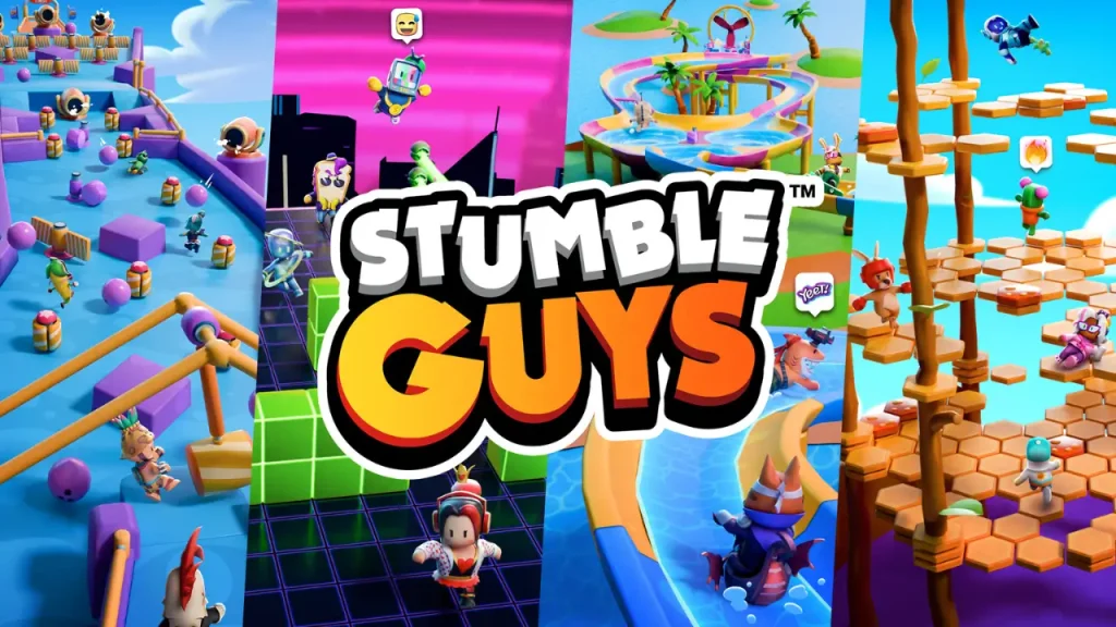 Stumble Guys farklı haritaları ve parkurları gösteren resmi afiş