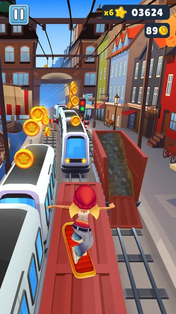 Subway Surfers karakterinin hoverboard ile trenlerin üzerinde ilerlediği sahne