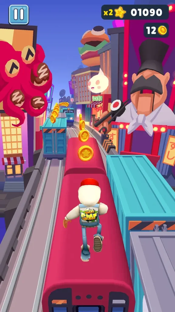 Subway Surfers'ta neon ışıklarla süslenmiş şehir temalı haritada koşan karakter