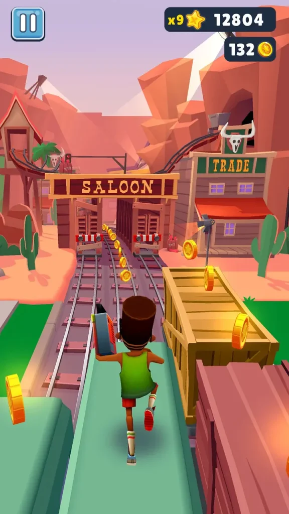 Subway Surfers Wild West temalı haritada tren rayları ve altın paralar